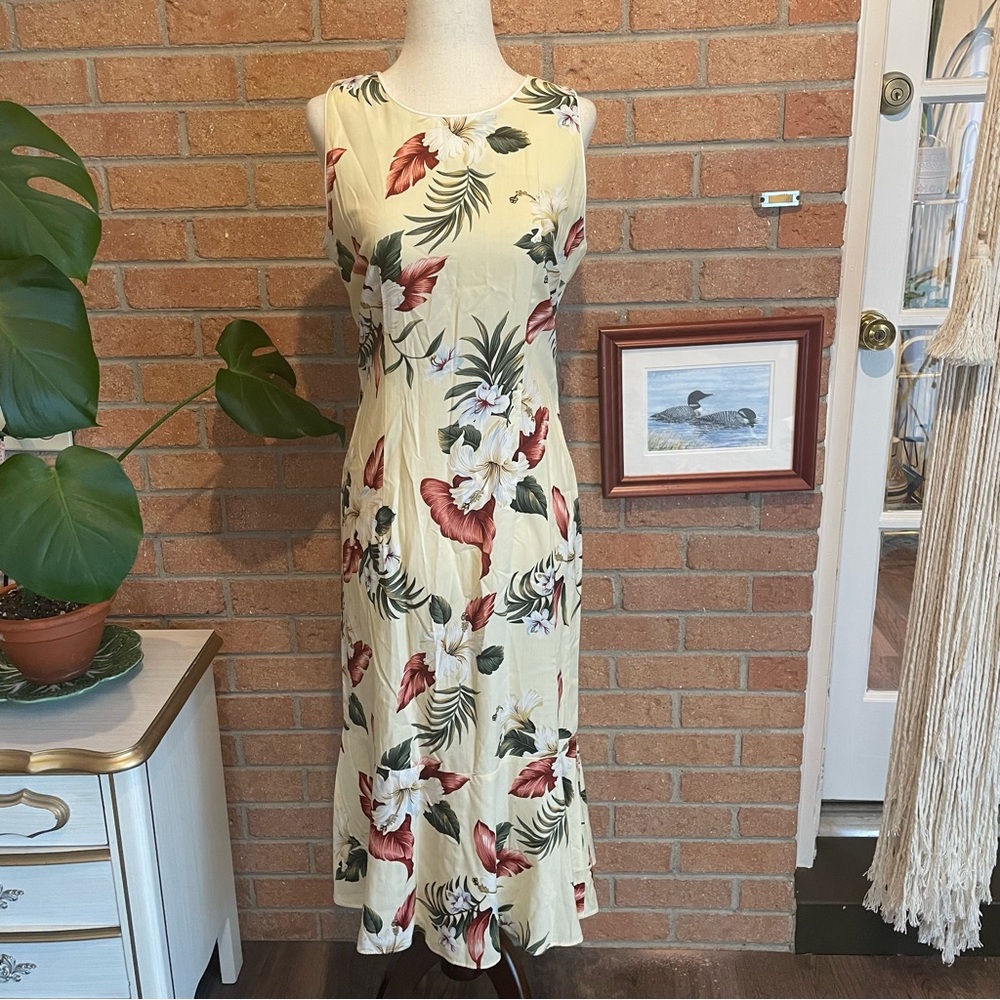 Hawaiian Iolani Tropical Floral Cream Midi Dress Size Small